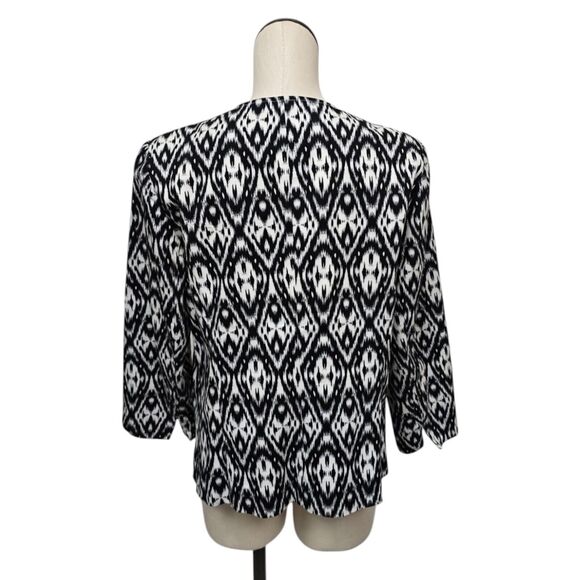 Chicos Geometric Ikat Jacket‎ 2 (L/ 12) Open Blazer Cotton Blend Black & White - Picture 2 of 11